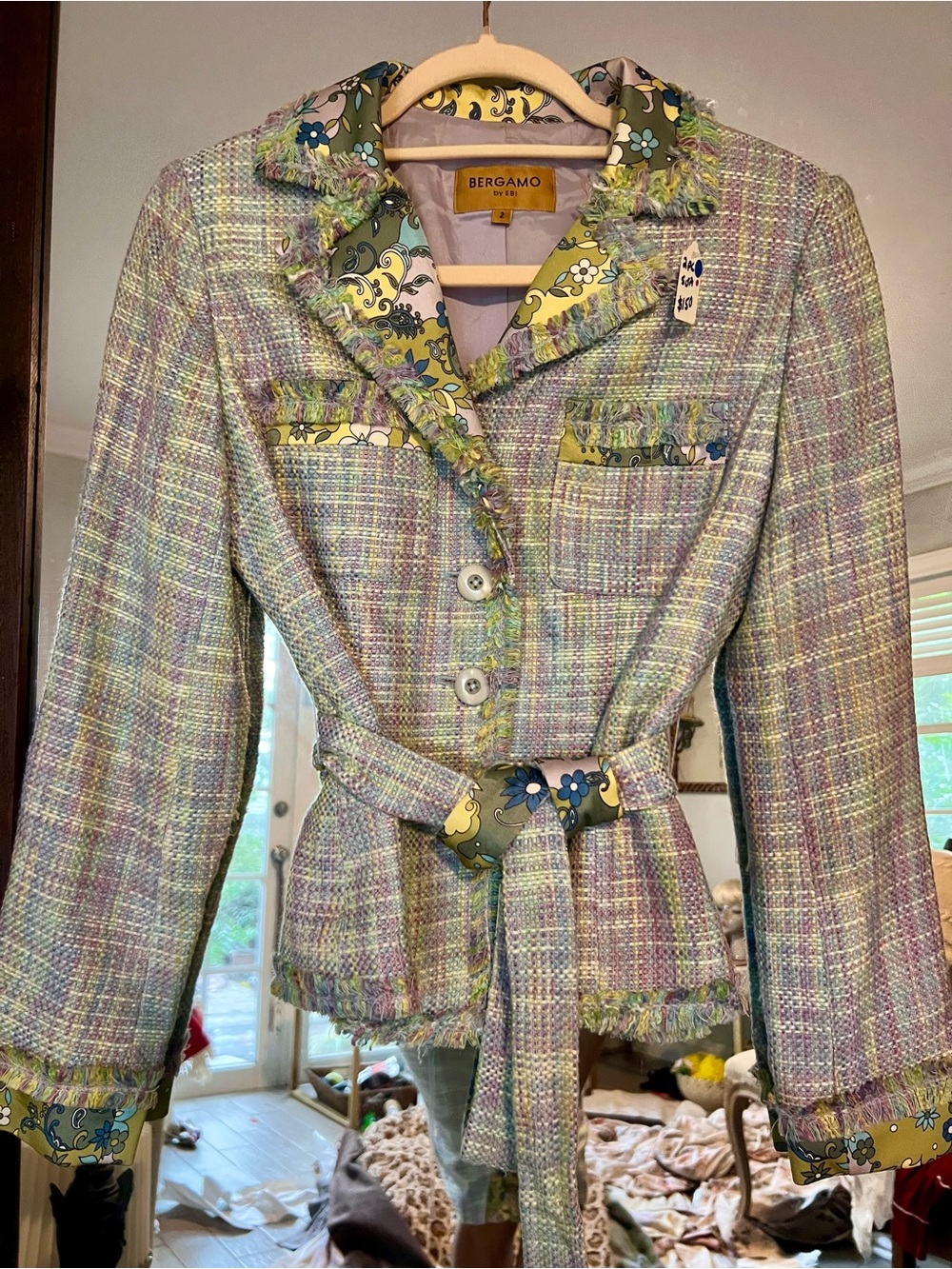 Bergamo Pastel Tweed Belted Blazer w Skirt in Lavender & Green